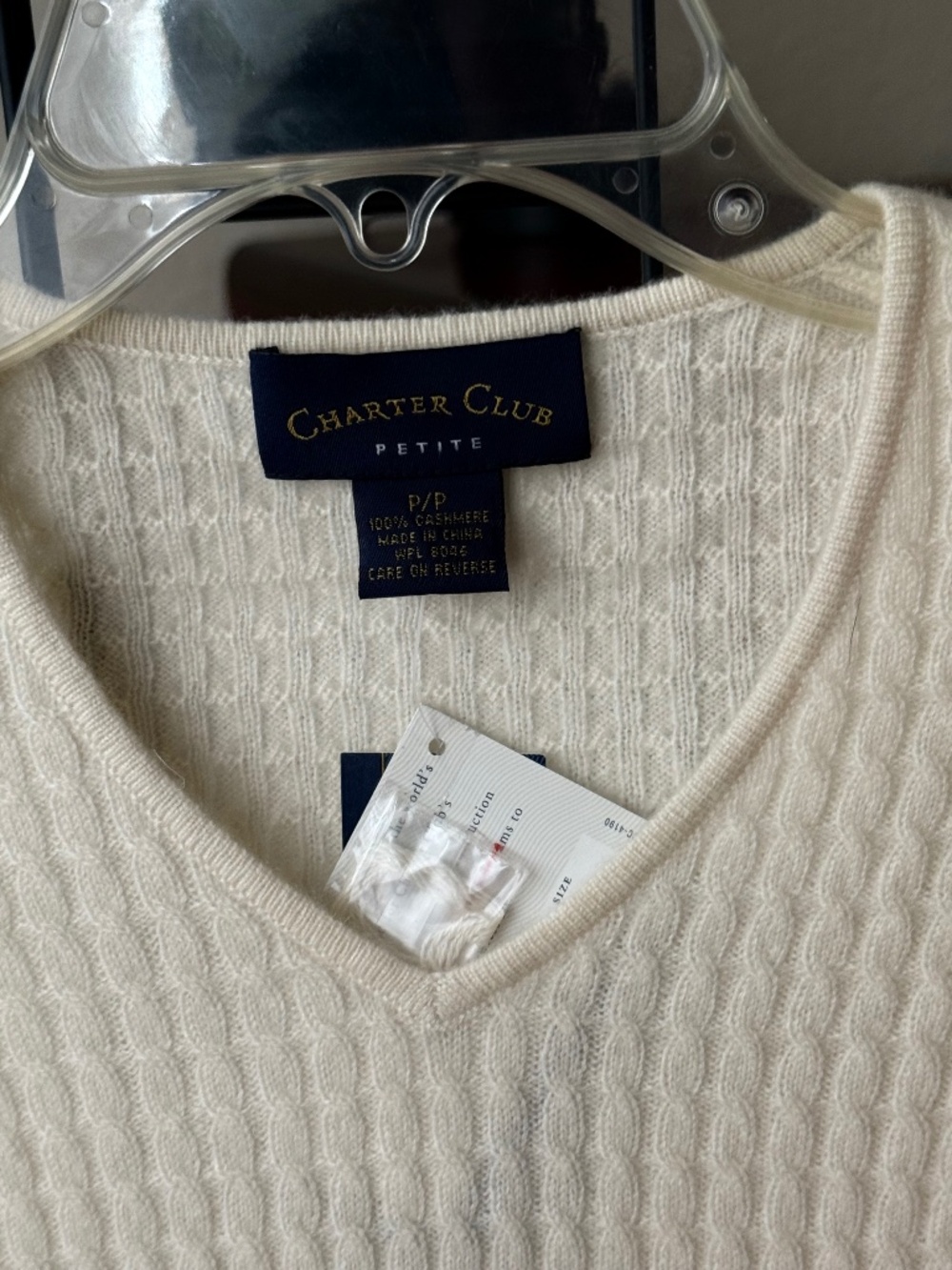 Charter Club 100% 2-Ply Cashmere Cable-Knit Pullover Sweater VNECK  IVORY PP NWT